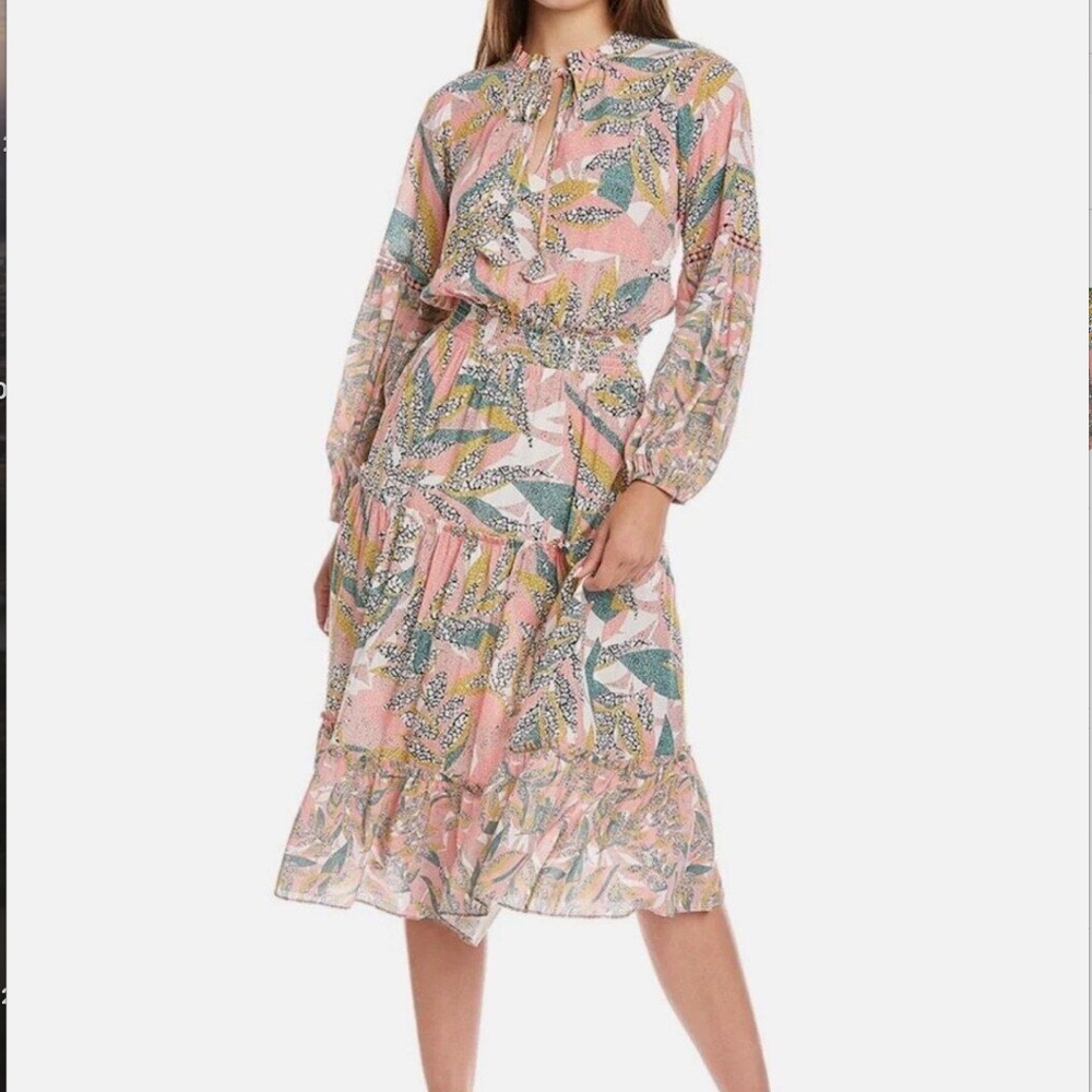 SHOSHANNA Aria Long Sleeve Print Midi Dress w/ Tiered Skirt NWOT/sz 8